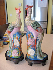 Vtg Pair of Chinese Famille Rose Porcelain Phoenix Bird Figurines Floral w/Base picture