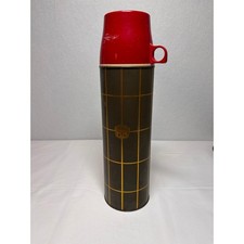 Vintage Thermos Vacuum Bottle 2434 Quart Size Brown Yellow Grid Red Cup Lid picture