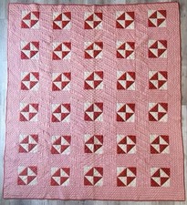 Antique Turkey Red Double Pink Half Square Triangles Patchwork Quilt 1890-1910 picture