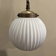 Vtg White Ribbed Glass Globe Swag Pendant Hanging Lamp MCM Brass Chain Ceiling picture