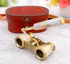 Brass Opera Glasses Mother of Pearl Handle Leather Case Victorian Binoculars picture