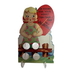 Vtg 20’s Carrington Fishing Bamboo Pole Novelty Valentine Girl Green Bathingsuit picture