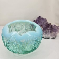 Teal Blue Fenton Opalescent Crystal Glass Aztec Pattern Rose Bowl Vtg picture