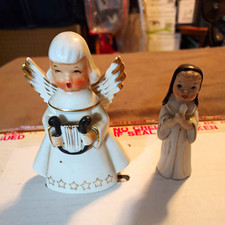 Vintage 1955 Ceramic Angel Figurines Set of 2 White Gold Trim Glazed Stars picture