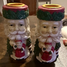 Set of 2 Santa Christmas Ceramic Candle Holders Painted Red Green White picture