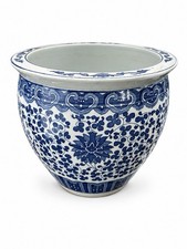 Vintage Blue And White Chinese Porcelain Floral Fish Bowl Planter Jardiniere picture
