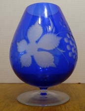 Blue Glass Brandy Snifter Vase with Grape Design 6 1/2