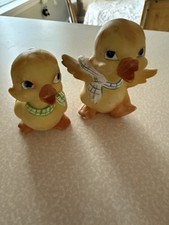 Vintage Hand Painted 2 Ceramic Baby Duck Anthropomorphic Figurines Enesco picture