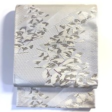 MR.mu Vintage Silk Fukuro Obi Kimono Belt Silver White Purple 31.5cm x 422cm picture