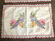 2 VTG Hand Embroidered Pillowcases Shams Set Peacock Colorful Red Edge Vintage picture