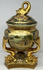VTG Satsuma Style Gold Gilt Porcelain Urn Censer Fish Tripod Feet Jar Lid 16