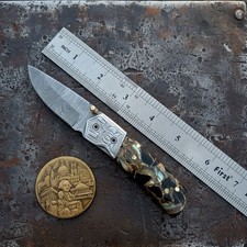 Handcrafted Damascus Steel Folding knife, Black Obsidian & Abalone Shell Handle picture