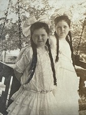 Porch Swing 1923 Girls Ringlet Hair Photo Vtg House Mary Jane Shoes Dresses Bows picture
