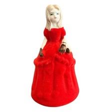 Porcelain Christmas Bell Figurine Girl Red Flocked velvet Dress vintage 5 Inch. picture