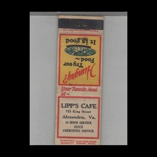 Matchbook Cover 1930s Diamond Quality Lipp's Cafe Alexandria, VA picture