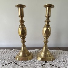 Antique English Brass “The Diamond Princess” Candlesticks Pair Early 1900s 11in picture