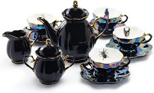 Halloween Goth Tea Set, Black Gold Scallop Teapot, Black Gold Scallop Sugar Crea picture