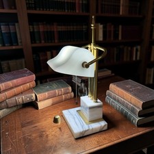 Vintage Banker's Desk Lamp Marble Base Brass Arm White Glass Shade picture