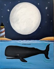 ORIGINAL PAINTING Folk Art Whimsical Whale Nantucket Moon Lighthouse Cape Cod picture