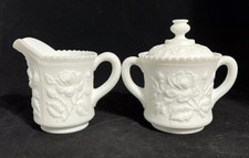 Imperial Milk Glass Creamer & Sugar Bowl Doeskin Satin Rose Vintage picture
