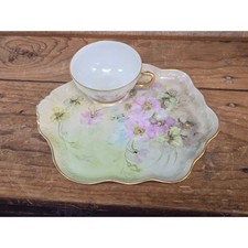 Antique JPL Limoges France Hand Painted Floral Tea Cup and Snack Tray Set 1932 picture