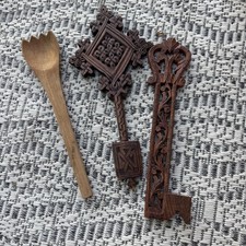 Vintage Hand Carved Wood Folk Art Lot Ethiopian Cross Indian Rehal Spoon picture
