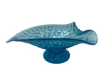 Folded Stretch Blue Glass Pedestal Glass Dish Decor Candy Relish Vintage picture