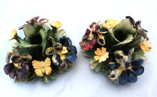 VTG MCM Pair Capodimonte Porcelain Flower Candle Holders Butterflies & Pansies picture