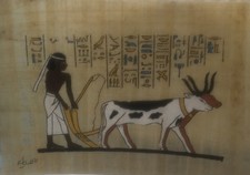 Vintage Egyptian Papyrus Painting Signed 6.5 by 4 Hieroglyphics Man Animal picture