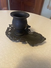 Vtg Antique Style Ornate Victorian Cast Iron Black Inkwell Match Candle Holder picture