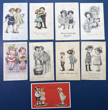 9 Children Greetings Antique Postcards. Love / Romance Theme. Pen & Ink Style picture