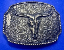 Longhorn Cow Bull Head Steer Swirl Ornate Silver Color Belt Buckle by Cody James picture