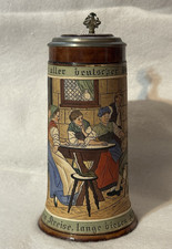 Vintage 1 Liter Beer Stein Etched & Hand Painted Tavern Scene Marked Germany 717 picture