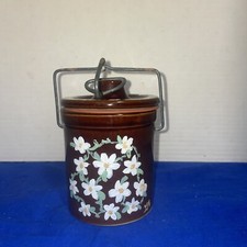 VTG Brown Glazed Stoneware Cheese/Butter Crock Jar w/ Locking Wire Bail Lid picture