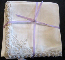 Vintage Ivory Linen Napkins Hand Embroidered  Crocheted  Trim Set of 9- Unused picture