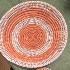 Round Woven Wicker/Plastic Storage Basket Orange White Tan Spiral 9” picture