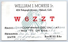 W6ZZT William J. Moresi, Jr: Oakland, CA QSL Ham Radio Card 1949 picture