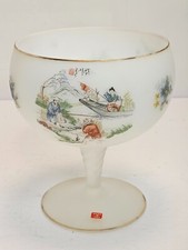 Vintage Frosted Satin Hand Painted Glass Asian Motif Compote Made In Italy picture