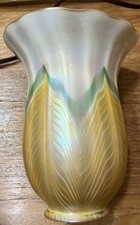 Vintage Quezal Iridescent Pulled Feather Art Glass Shade Ruffled Edge Signed picture
