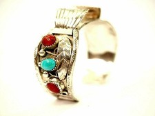 Ladies Turquoise Coral Six stone Watch Cuff Bracelet Sterling Silver Signed picture
