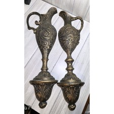 Vtg 1973 MCM HOMCO Pitcher Ewer Black & Gold Wall Plaques Hollywood Regency USA picture