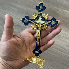 Catholic Crucifix Table Stand Blue Gold Tone Cross Cruz Crucifijo Cristo picture
