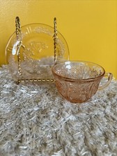 Federal Pink Sharon Cabbage Rose Depression Glass Tea Cup And 6” Bread Plate picture