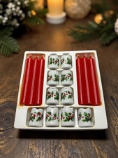 Petite Porcelain Candleholders & Red Candles Set - Holly Berry Design Christmas  picture