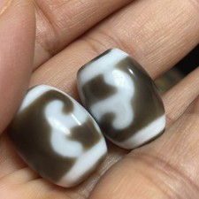 Vintage Tibetan Old Agate Dzi Bead Green Tara Amulet Pendant Pair 13×16mm #6266 picture