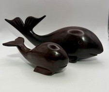 Vintage Ironwood Whale &  Baby Calf Statue Hand Carved Figurine 13” & 7” Long picture