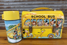 Vintage Alladin 1960s Walt Disney School Bus Dome Metal Lunchbox w/Thermos picture