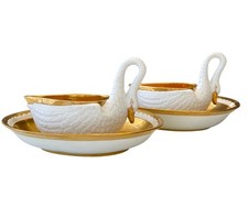 Large Antique Paris Porcelain Swan Cups Underplates P.L. Dagoty Gilt Bisque picture