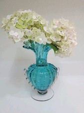 Vintage Murano Art Glass Vase Blue W/Controlled Bubbles&Gold Speckling 8