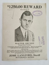 1923 antique CRIMINAL WANTED POSTER PHOTO hutchinson ks GRUNDY bank embezzlement picture